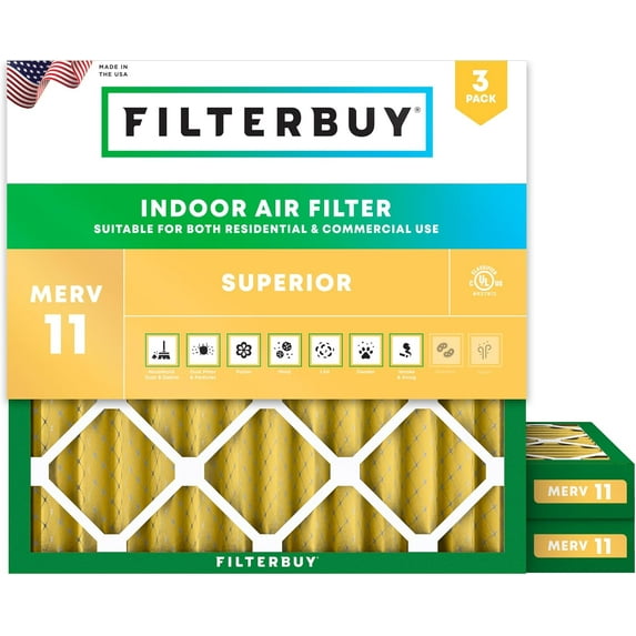 Filterbuy 17x17x2 Air Filter MERV 11 Allergy Defense, Pleated HVAC AC Furnace Filter Replacement, 3-Pack