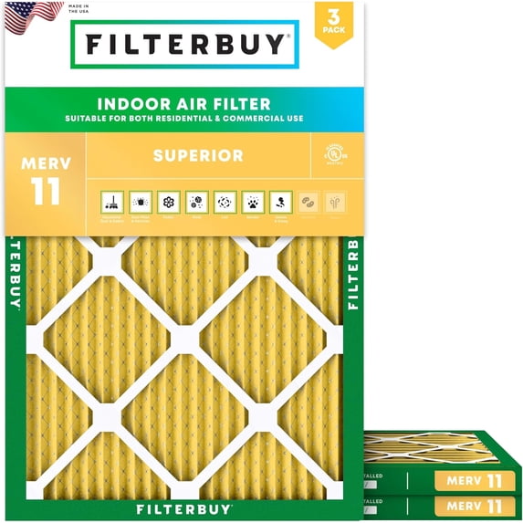 Filterbuy 17x19x1 Air Filter MERV 11 Allergy Defense, Pleated HVAC AC Furnace Filter Replacement, 3-Pack