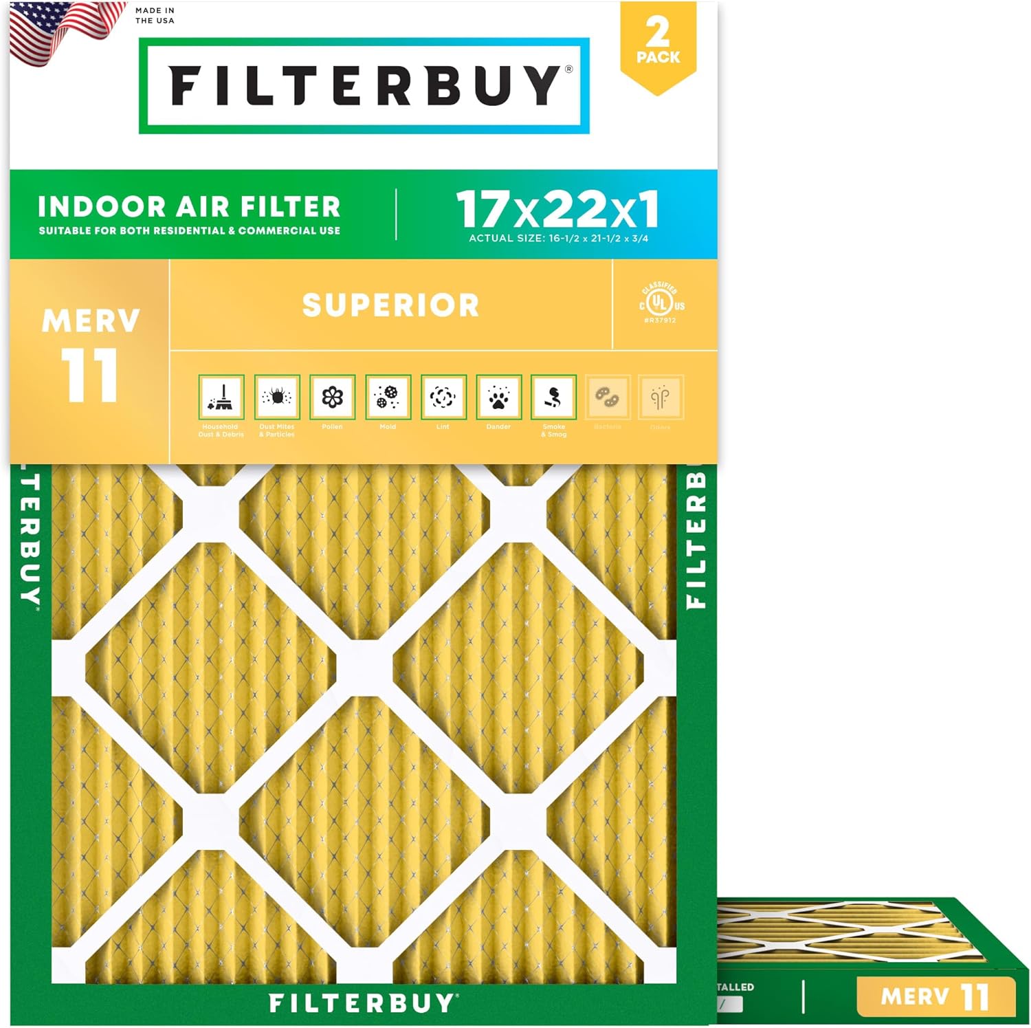 Filterbuy 17x21x1 Air Filter MERV 8 Essential Dust & Allergy Defense (5-Pack), Electrostatic Pleated HVAC AC Furnace Filters Replacement, Made In USA (Actual Size: 16.50 X 20.50 X 0.75