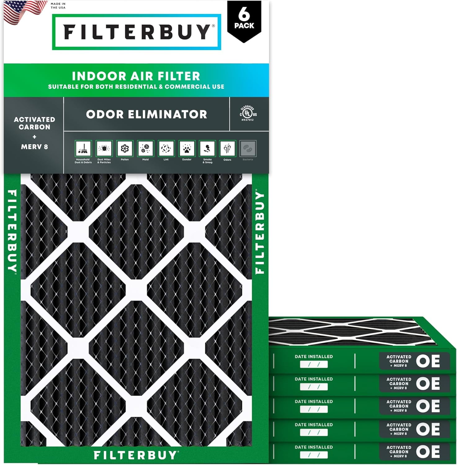 Filterbuy 17x25x1 Air Filter MERV 10 Odor Defense, Pleated HVAC AC Furnace Filter Replacement, 6-Pack