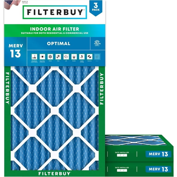Filterbuy 17x25x2 Air Filter MERV 13 Smoke Defense, Pleated HVAC AC Furnace Filter Replacement, 3-Pack