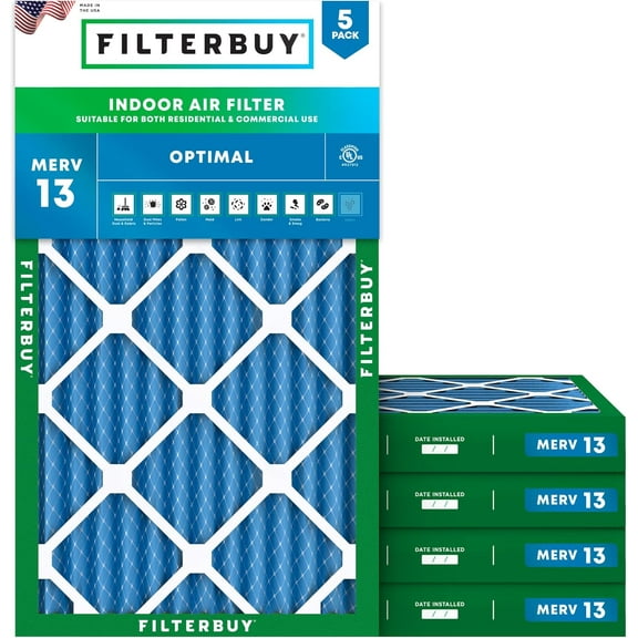 Filterbuy 17x25x2 Air Filter MERV 13 Smoke Defense, Pleated HVAC AC Furnace Filter Replacement, 5-Pack