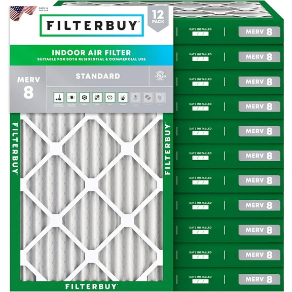 Filterbuy 17x25x2 Air Filter MERV 8 Dust Defense, Pleated HVAC AC Furnace Filter Replacement, 12-Pack