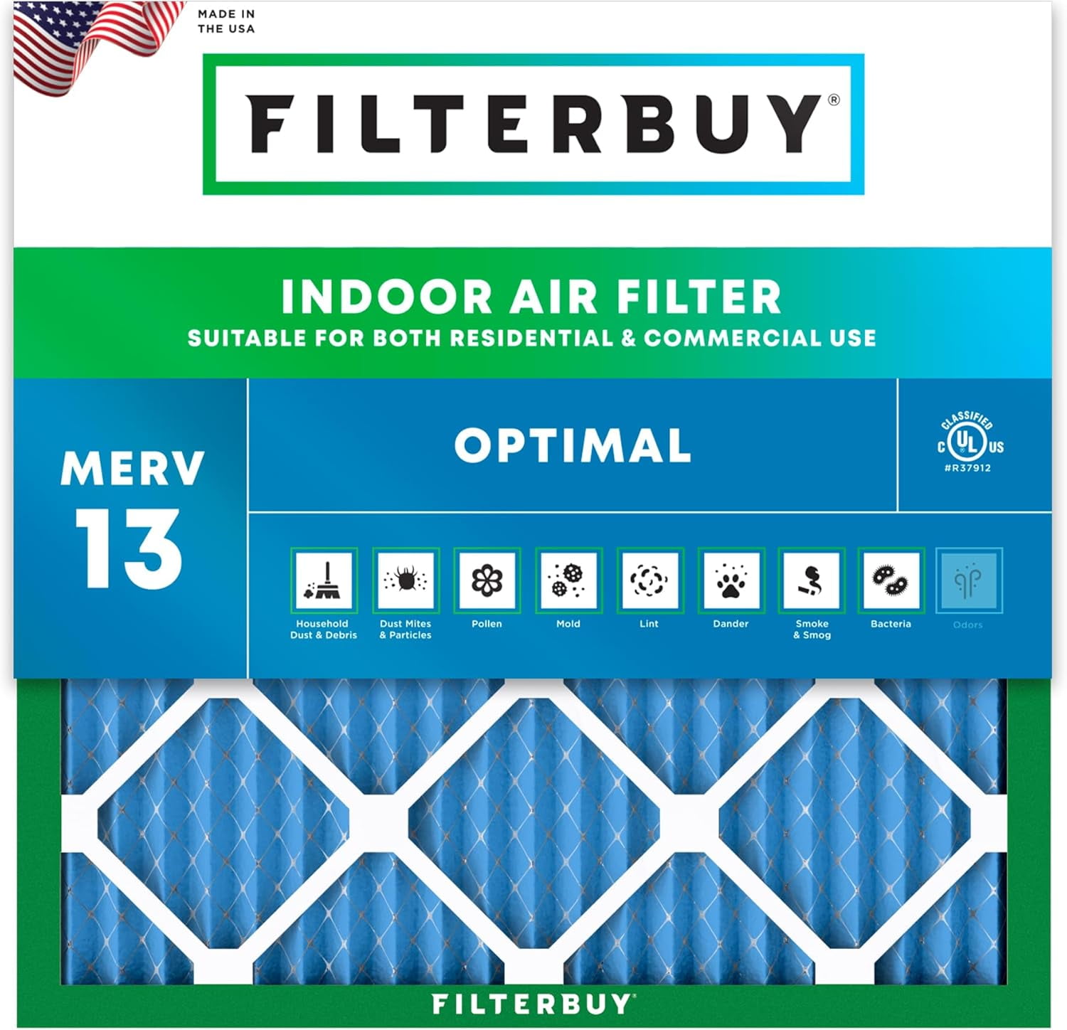 Filterbuy 18x18x1 Air Filter MERV 13 Smoke Defense, Pleated HVAC AC Furnace Filter Replacement, 1-Pack