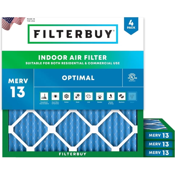 Filterbuy 18x18x1 Air Filter MERV 13 Smoke Defense, Pleated HVAC AC Furnace Filter Replacement, 4-Pack