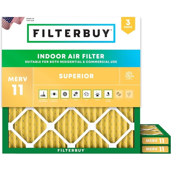 Filterbuy 18x18x1 Air Filter MERV 11 Allergy Defense, Pleated HVAC AC Furnace Filter Replacement, 3-Pack