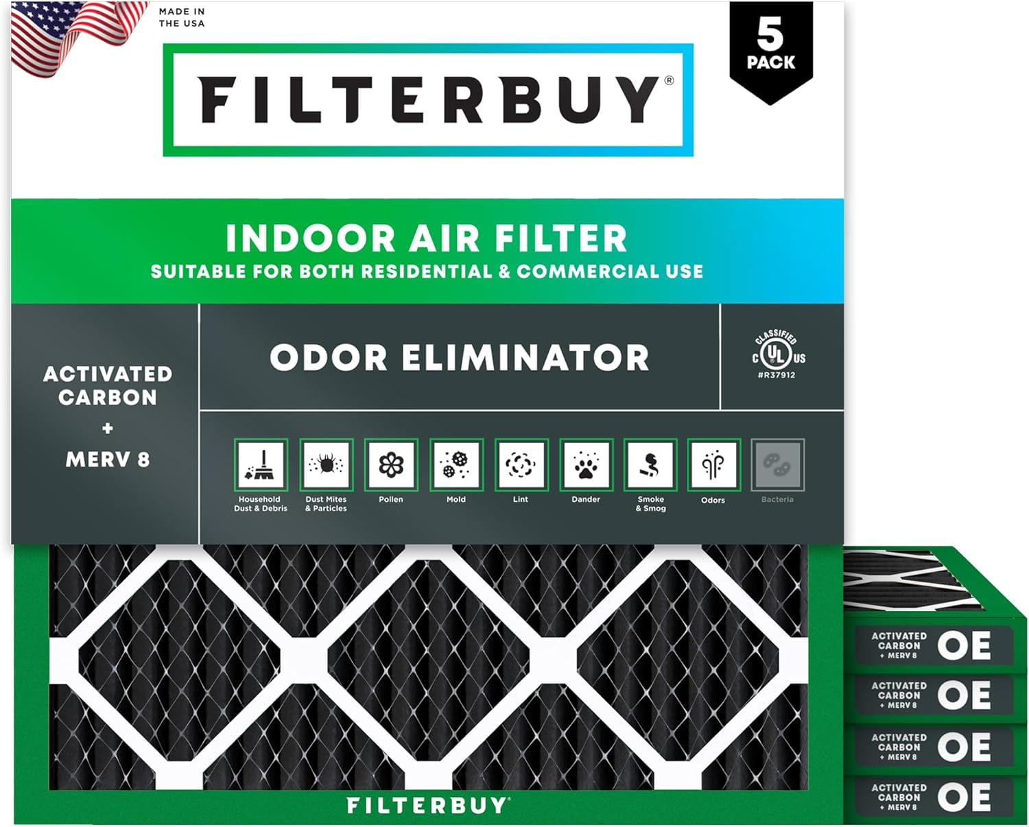 Filterbuy 18x18x1 Air Filter MERV 10 Odor Defense, Pleated HVAC AC Furnace Filter Replacement, 5-Pack