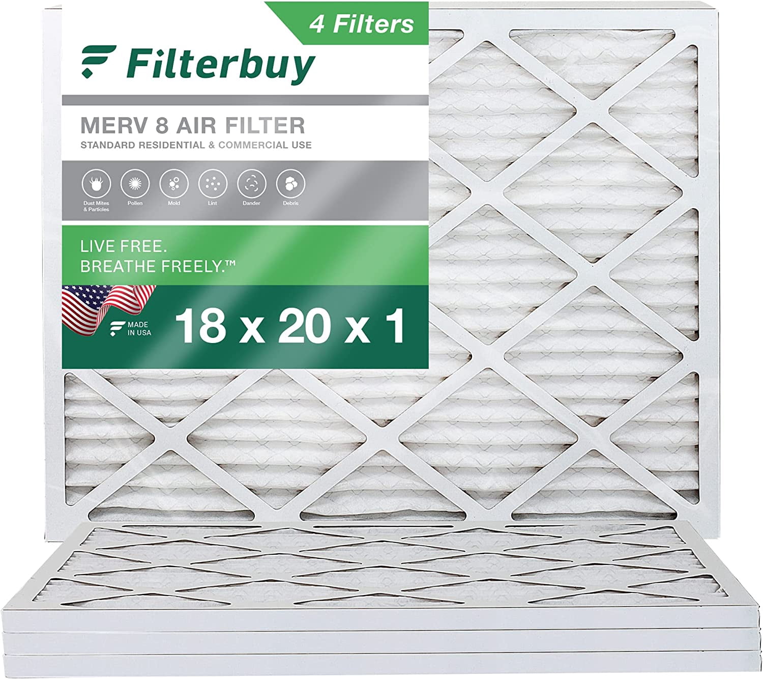 Filterbuy 18x20x1 MERV 8 Pleated HVAC AC Furnace Air Filters (4Pack