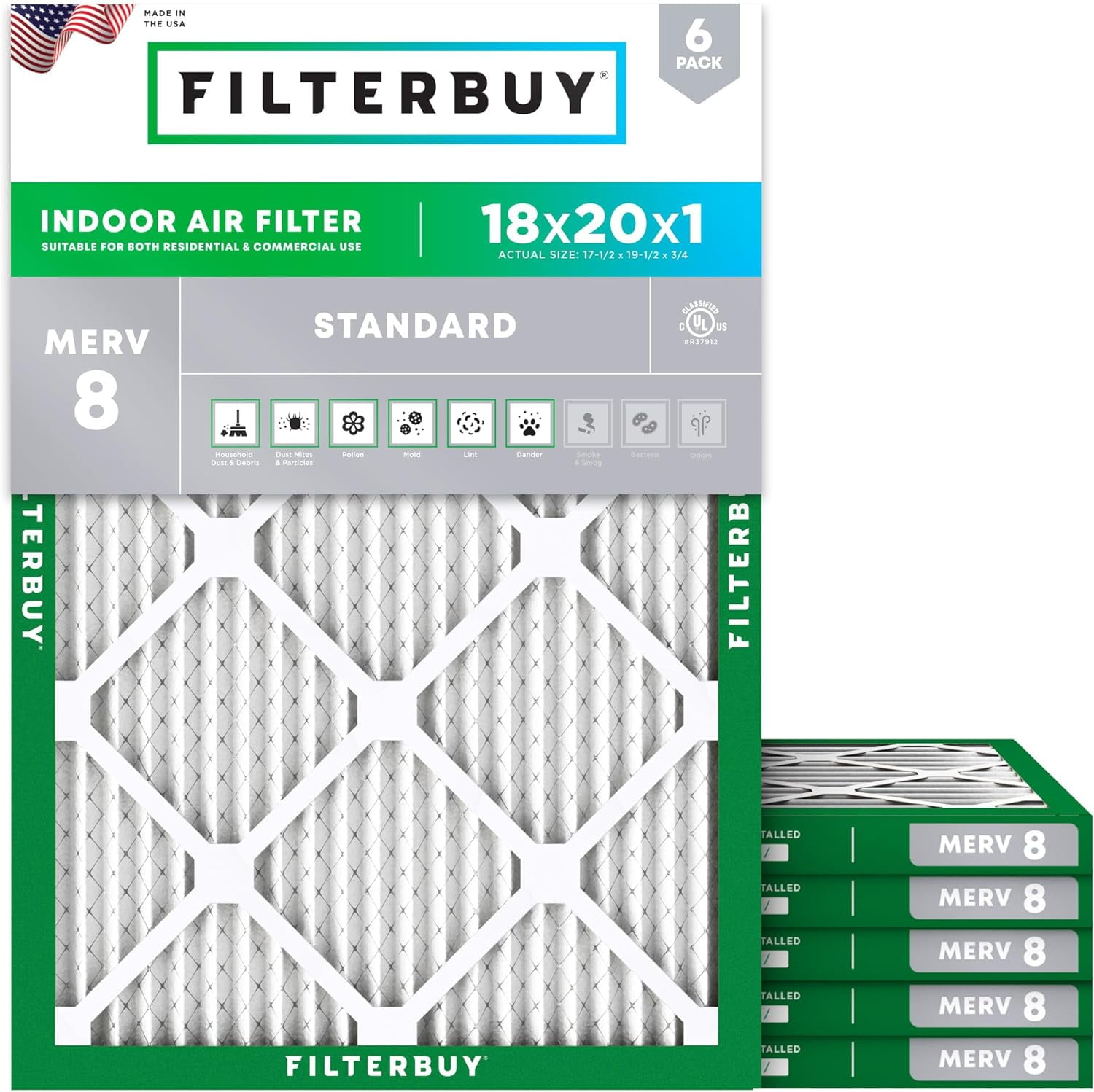 Filterbuy 18x20x1 MERV 8 Dust Defense, Pleated HVAC AC Furnace Air Filters (6-Pack)