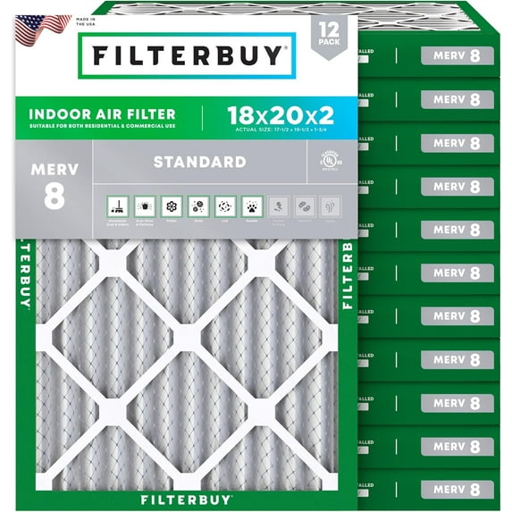 Filterbuy 18x20x2 MERV 8 Dust Defense, Pleated HVAC AC Furnace Air Filters (12-Pack)