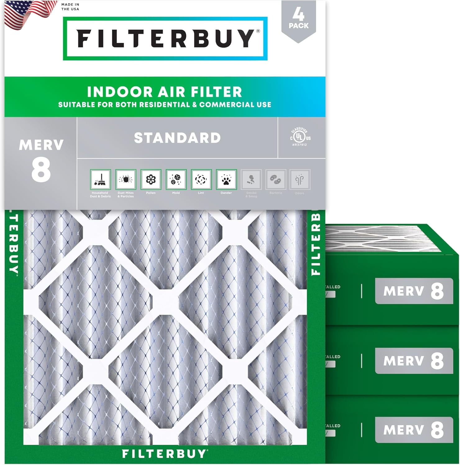 Filterbuy MERV 8 Pleated HVAC Furnace Air Filters, 18x24x4, Set of 4