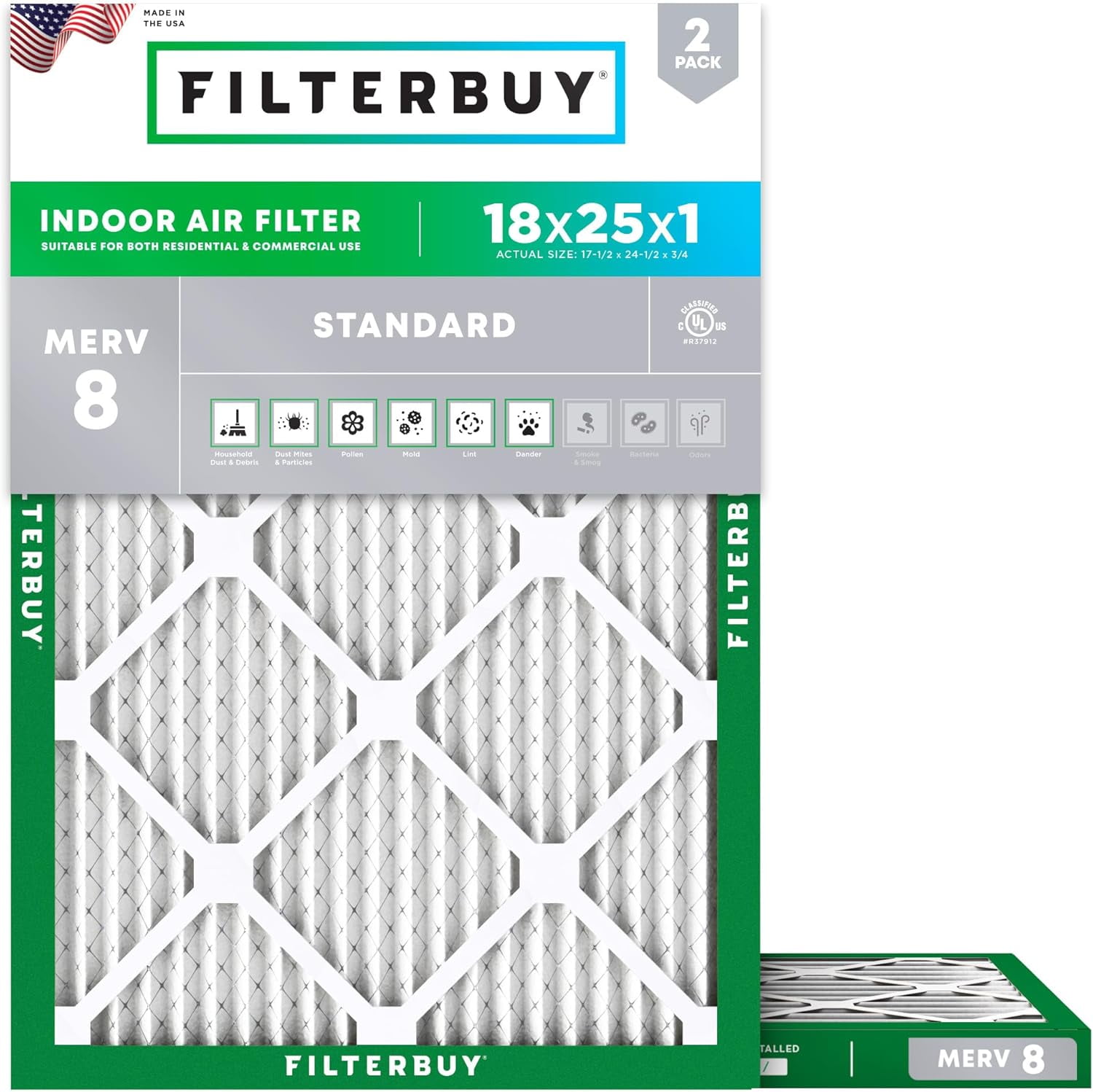 Filterbuy 18x25x1 MERV 8 Pleated AC Furnace Air Filters, 2-Pack, Made ...