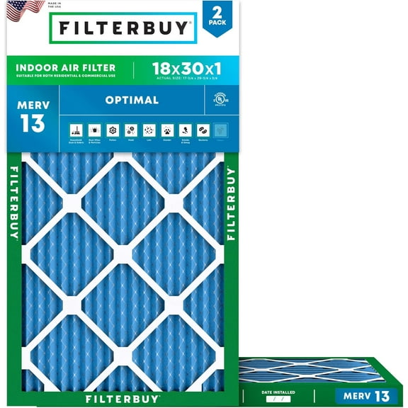 Filterbuy 18x30x1 Air Filter MERV 13 Smoke Defense, Pleated HVAC AC Furnace Filter Replacement, 2-Pack