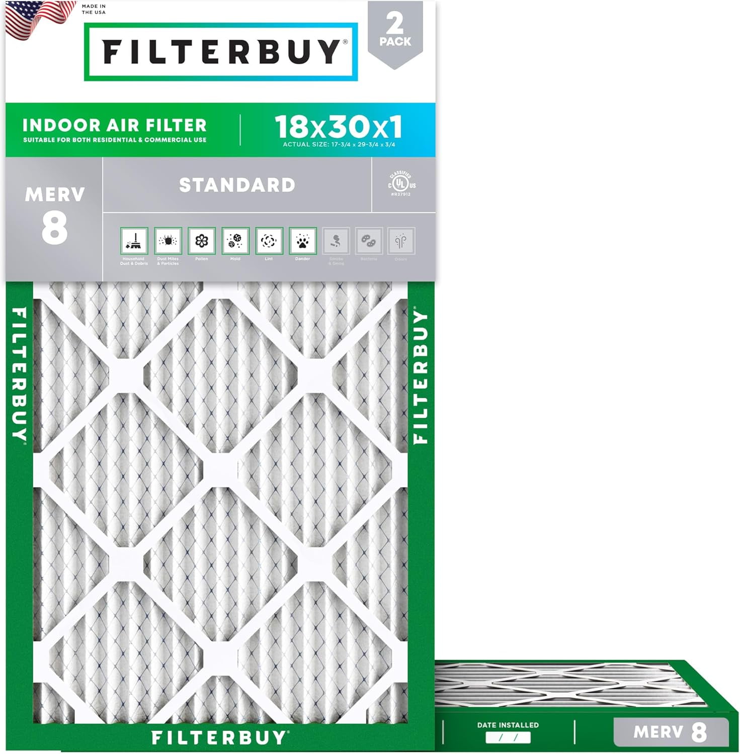 Filterbuy 18x30x1 Air Filter MERV 8 Dust Defense, Pleated HVAC AC Furnace Filter Replacement, 2-Pack