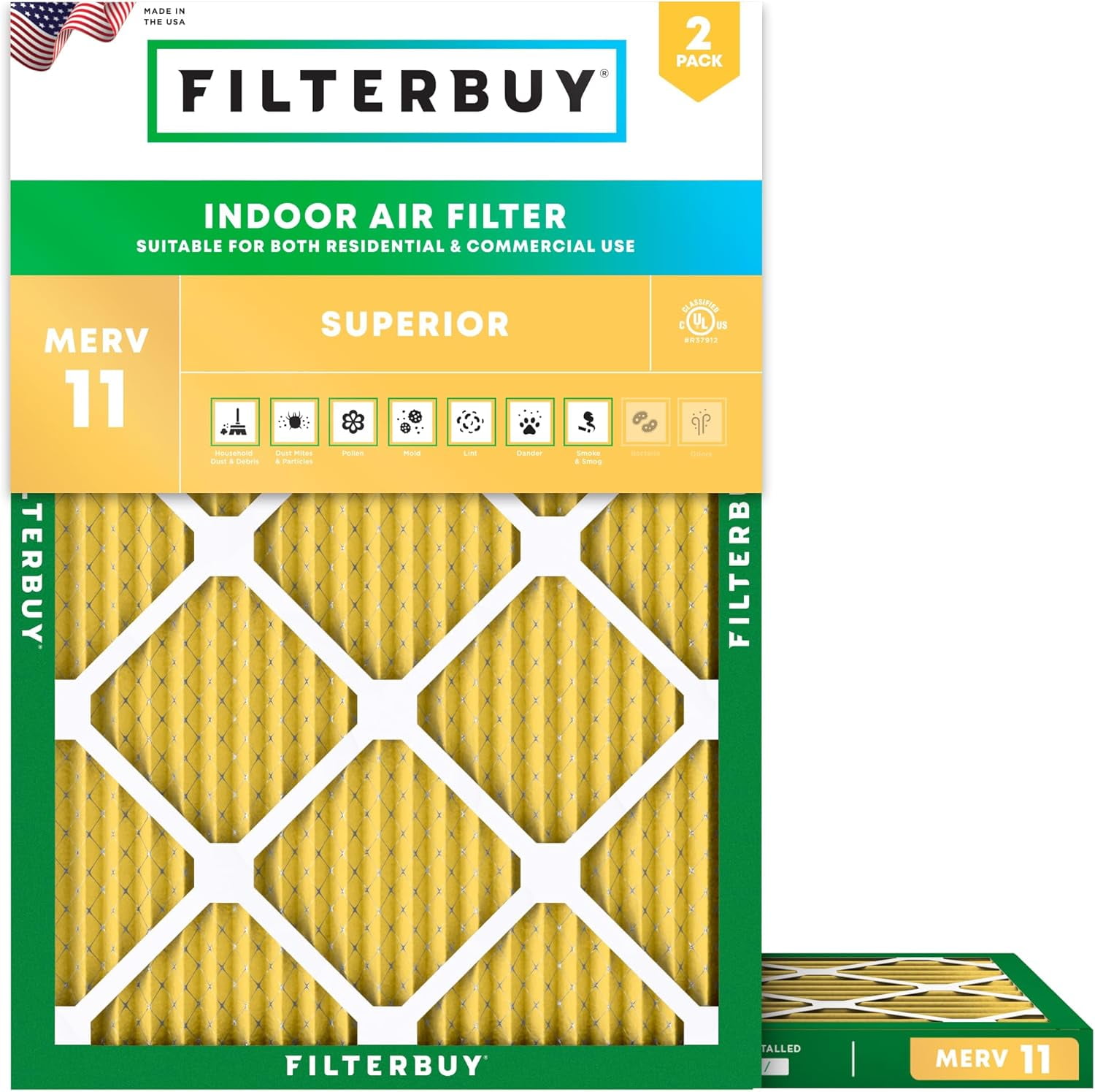 Filterbuy 19.5x22x1 Air Filter MERV 11 Allergy Defense, Pleated HVAC AC Furnace Filter Replacement, 2-Pack