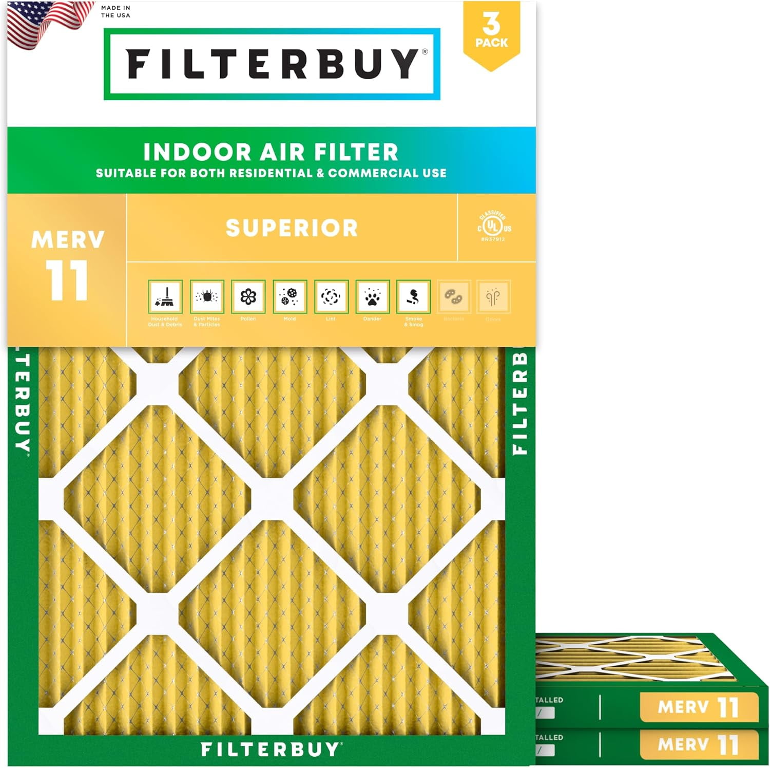Filterbuy 19.75x21x1 Air Filter MERV 11 Allergy Defense, Pleated HVAC AC Furnace Filter Replacement, 3-Pack