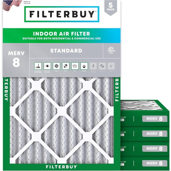 Filterbuy 19.75x22x2 Air Filter MERV 8 Dust Defense, Pleated HVAC AC Furnace Filter Replacement, 5-Pack