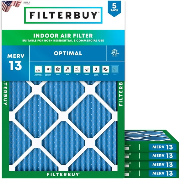 Filterbuy 19.88x21.5x1 Air Filter MERV 13 Smoke Defense, Pleated HVAC AC Furnace Filter Replacement, 5-Pack