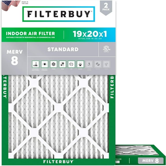Filterbuy 19x20x1 Air Filter MERV 8 Dust Defense, Pleated HVAC AC Furnace Filter Replacement, 2-Pack