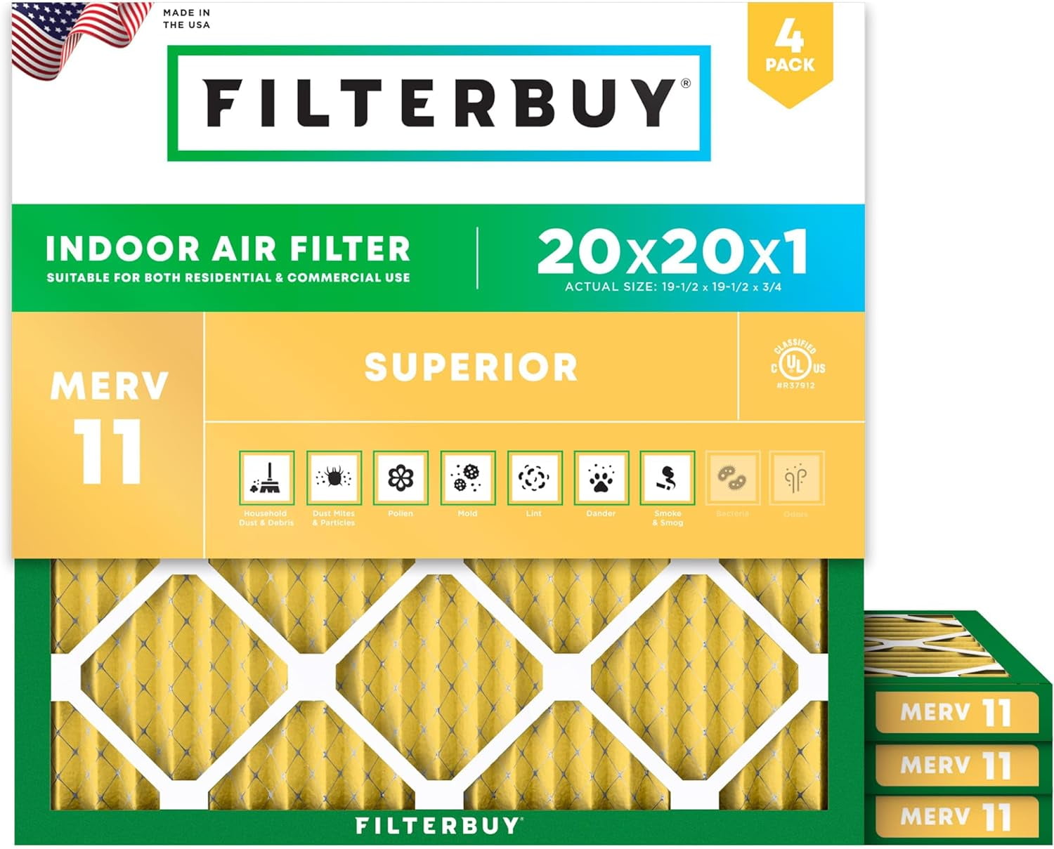 Filterbuy 20x20x1 Air Filter MERV 11 Allergy Defense, Pleated HVAC AC Furnace Filter Replacement, 4-Pack