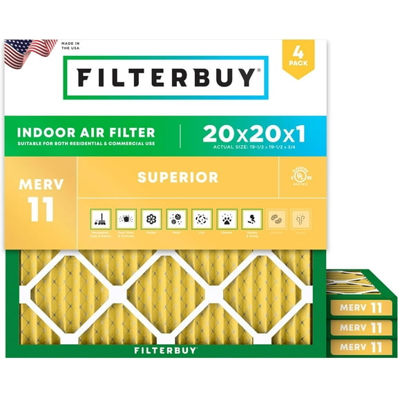 Filterbuy 20x20x1 Air Filter MERV 11 Allergy Defense, Pleated HVAC AC Furnace Filter Replacement, 4-Pack