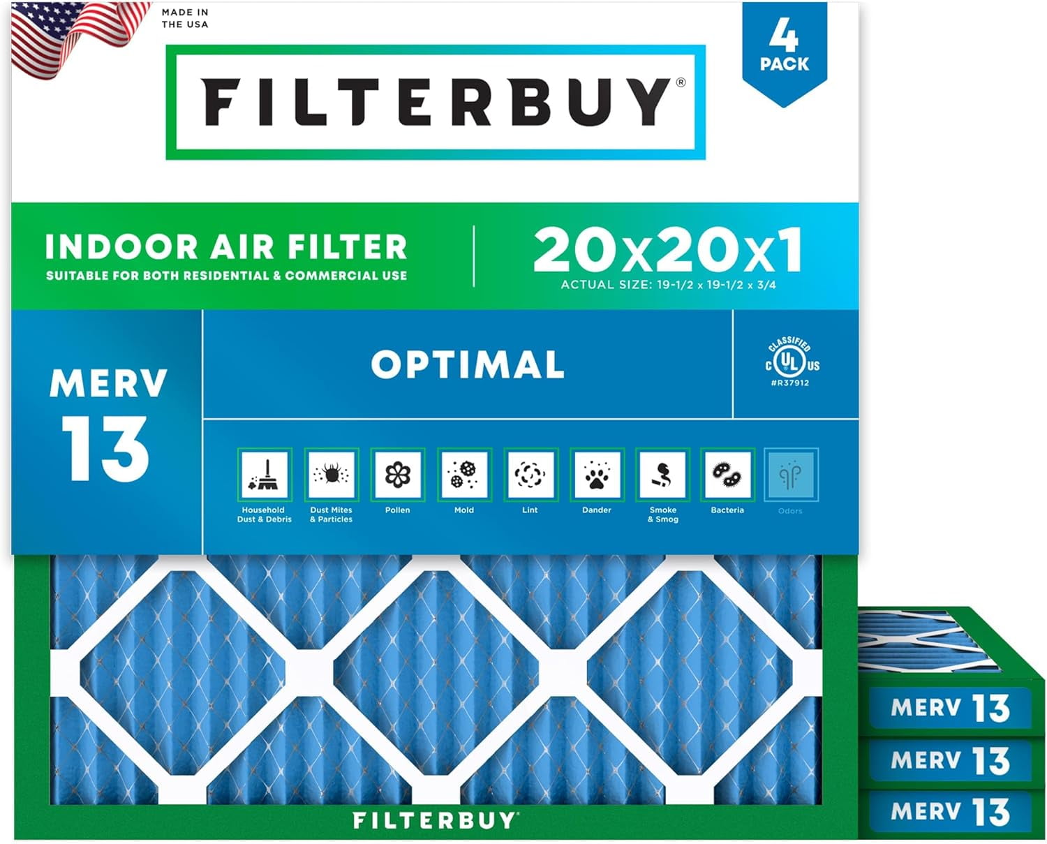 Filterbuy 20x20x1 Air Filter MERV 13 Smoke Defense, Pleated HVAC AC Furnace Filter Replacement, 4-Pack