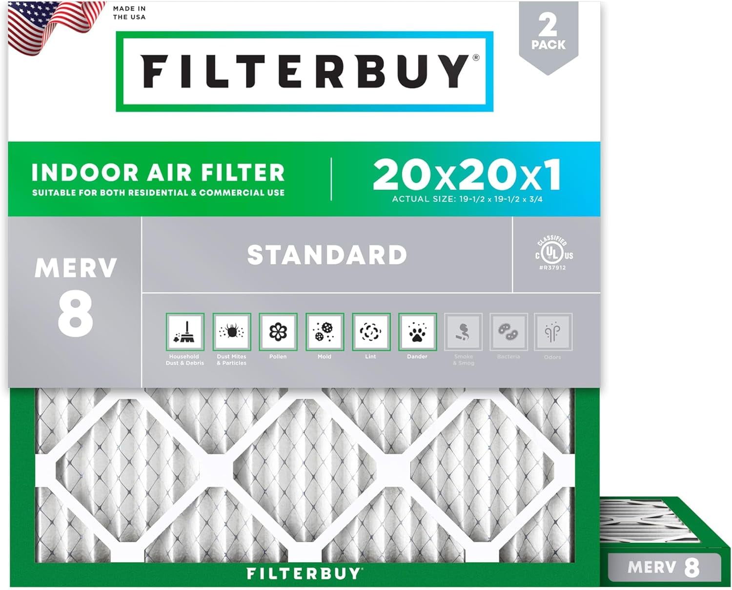 Filterbuy 20x20x1 Air Filter MERV 8 Dust Defense, Pleated HVAC AC Furnace Filter Replacement, 2-Pack