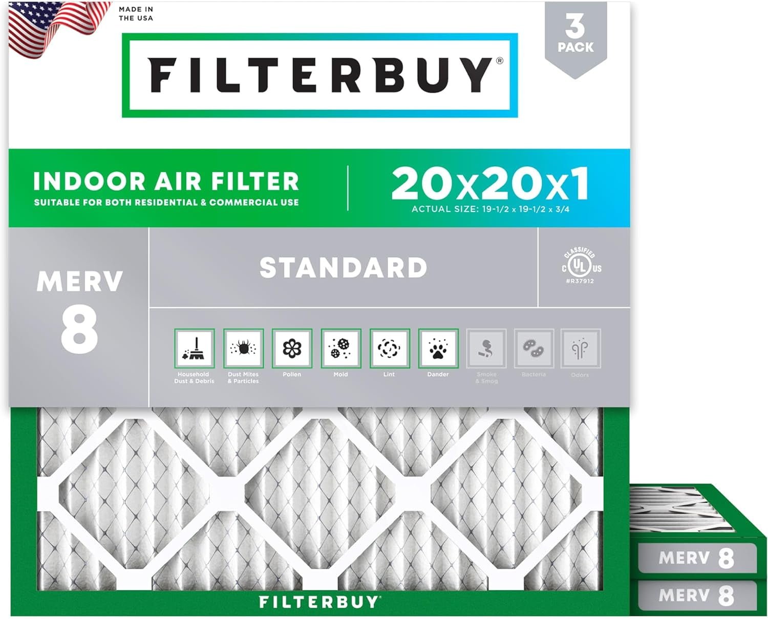 Filterbuy 20x20x1 Air Filter MERV 8 Dust Defense, Pleated HVAC AC Furnace Filter Replacement, 3-Pack