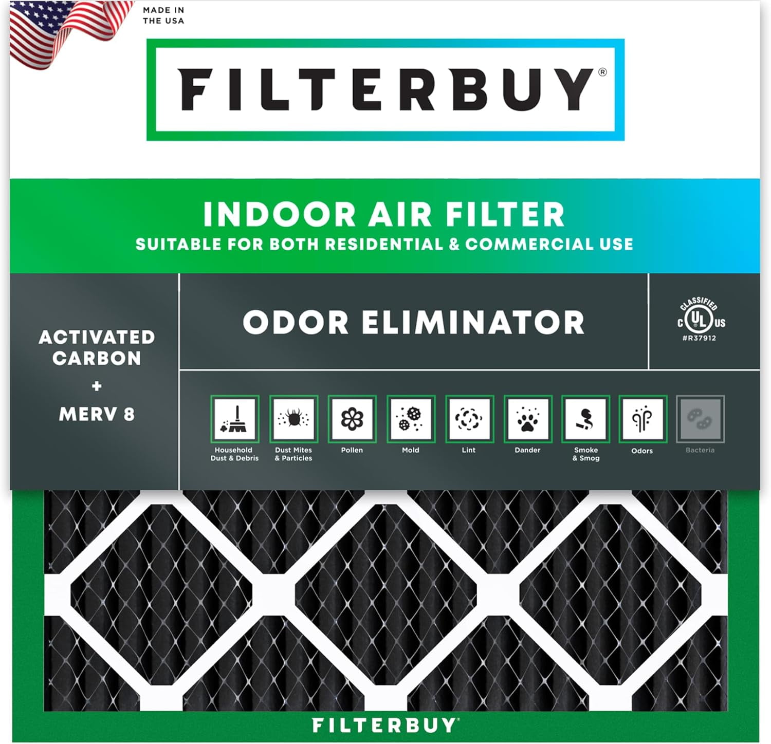 Filterbuy 20x20x1 MERV 8 Odor Eliminator Pleated HVAC AC Furnace Air
