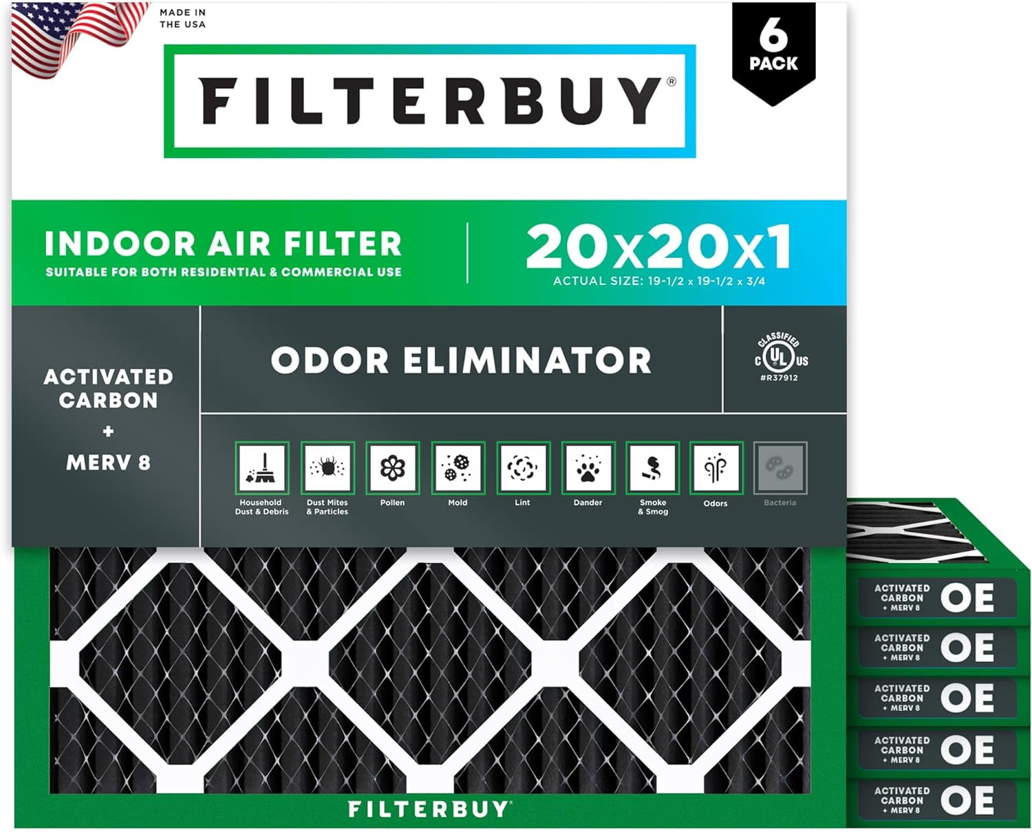 Filterbuy 20x20x1 Air Filter MERV 10 Odor Defense, Pleated HVAC AC Furnace Filter Replacement, 6-Pack