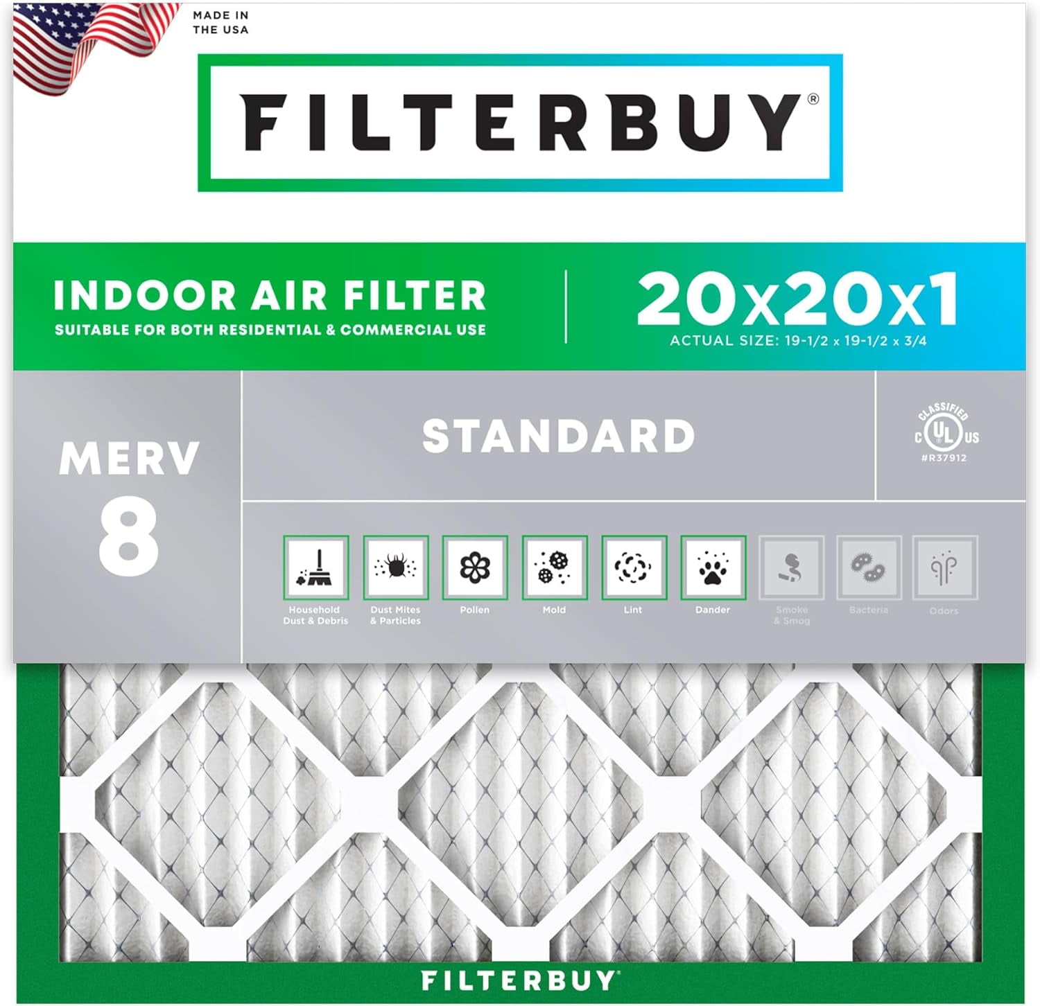 Filterbuy 20x20x1 Air Filter MERV 8 Dust Defense, Pleated HVAC AC Furnace Filter Replacement, 1-Pack