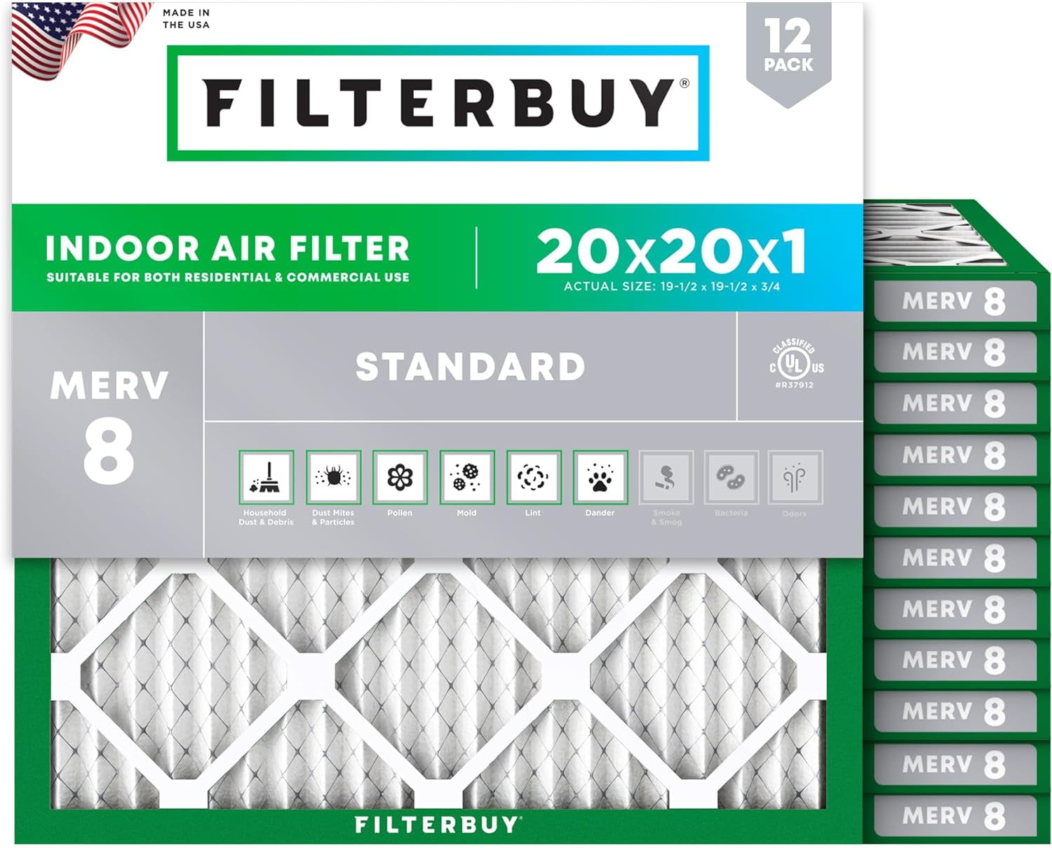 Filterbuy 20x20x1 Air Filter MERV 8 Dust Defense, Pleated HVAC AC Furnace Filter Replacement, 12-Pack