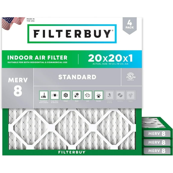 Filterbuy 20x20x1 Air Filter MERV 8 Dust Defense, Pleated HVAC AC Furnace Filter Replacement, 4-Pack