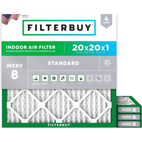 Filterbuy 20x20x1 Air Filter MERV 8 Dust Defense, Pleated HVAC AC Furnace Filter Replacement, 4-Pack