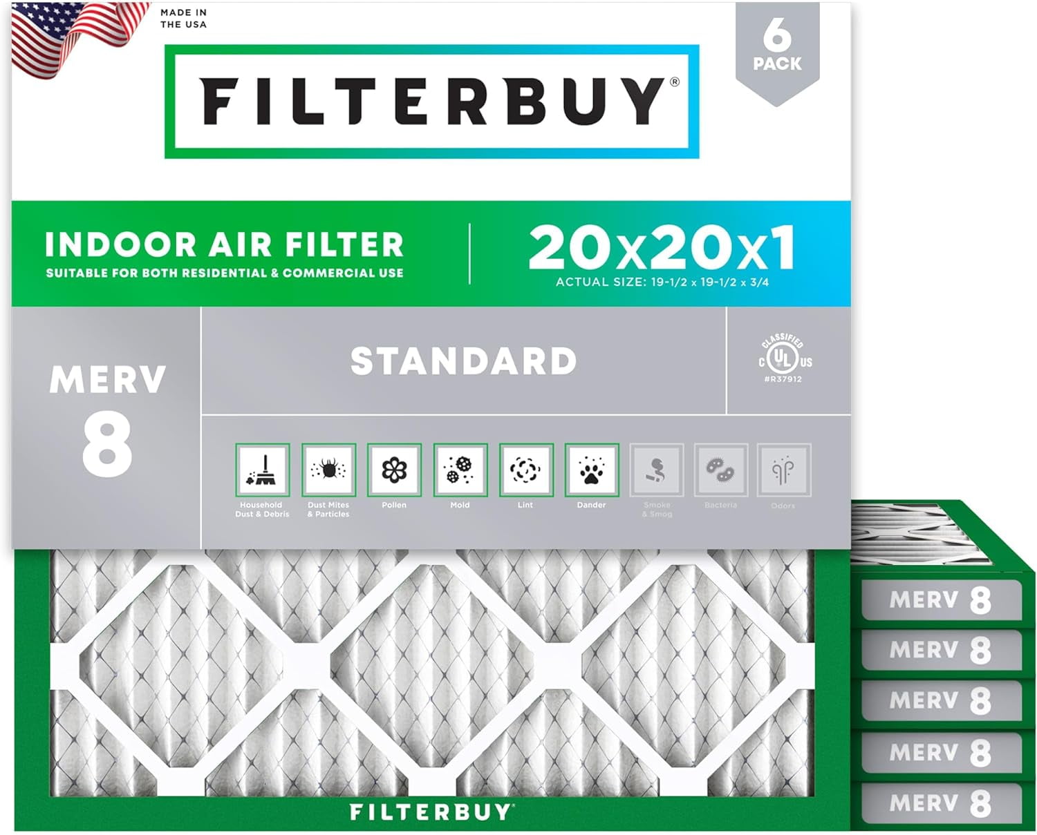 Filterbuy 20x20x1 MERV 8 Dust Defense, Pleated HVAC AC Furnace Air Filters (6-Pack)
