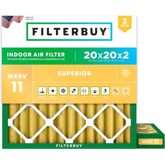 Filterbuy 20x20x2 Air Filter MERV 11 Allergy Defense, Pleated HVAC AC Furnace Filter Replacement, 2-Pack