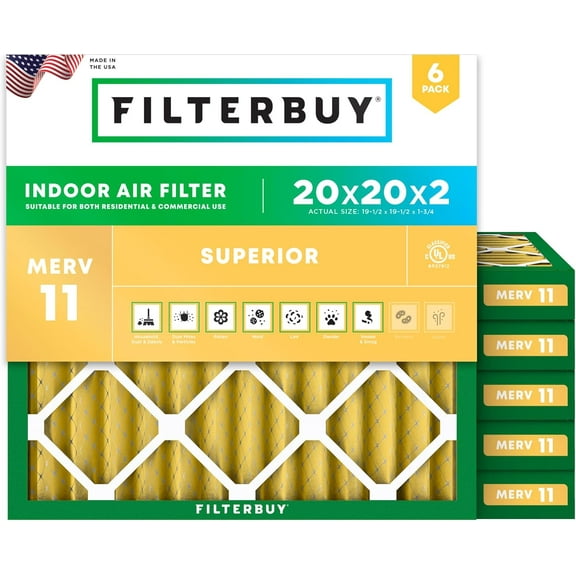 Filterbuy 20x20x2 Air Filter MERV 11 Allergy Defense, Pleated HVAC AC Furnace Filter Replacement, 6-Pack