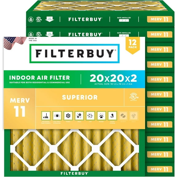 Filterbuy 20x20x2 Air Filter MERV 11 Allergy Defense, Pleated HVAC AC Furnace Filter Replacement, 12-Pack