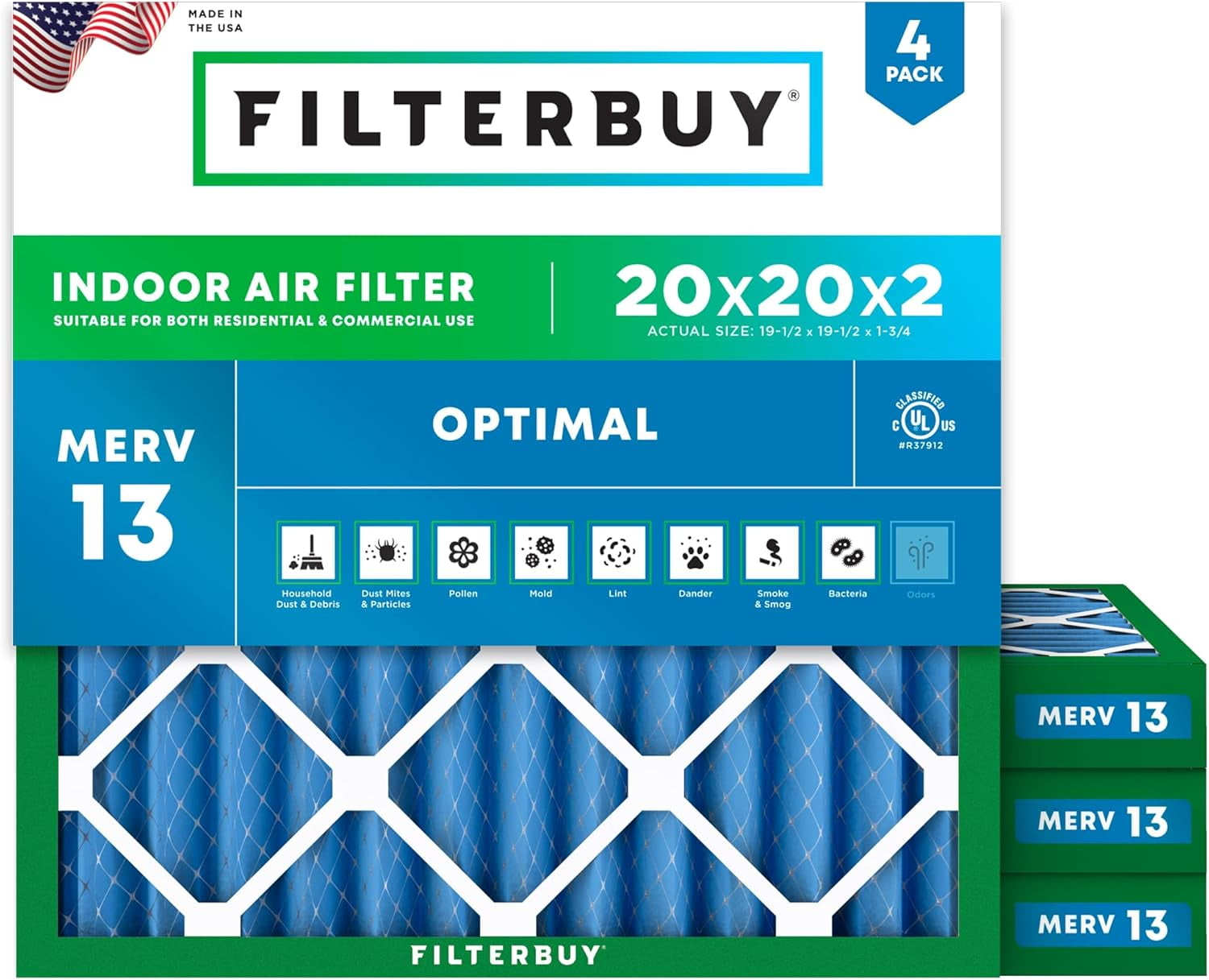 Filterbuy 20x20x2 Air Filter MERV 13 Smoke Defense, Pleated HVAC AC Furnace Filter Replacement, 4-Pack