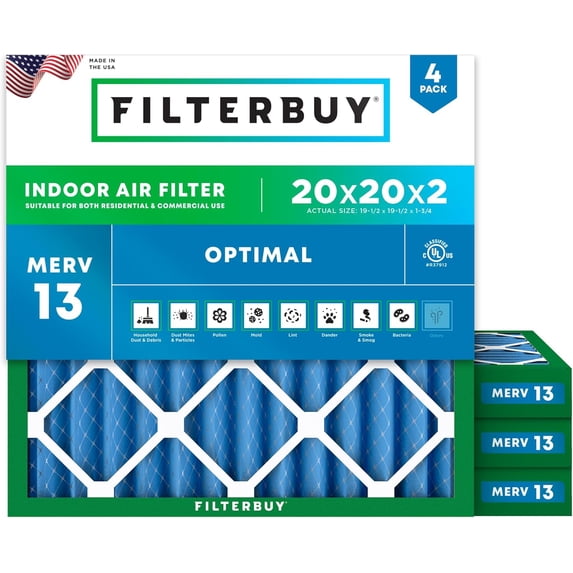 Filterbuy 20x20x2 Air Filter MERV 13 Smoke Defense, Pleated HVAC AC Furnace Filter Replacement, 4-Pack