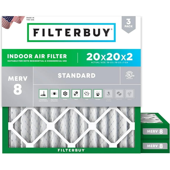 Filterbuy 20x20x2 Air Filter MERV 8 Dust Defense, Pleated HVAC AC Furnace Filter Replacement, 3-Pack