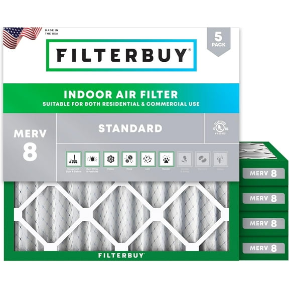 Filterbuy 20x20x2 Air Filter MERV 8 Dust Defense, Pleated HVAC AC Furnace Filter Replacement, 5-Pack