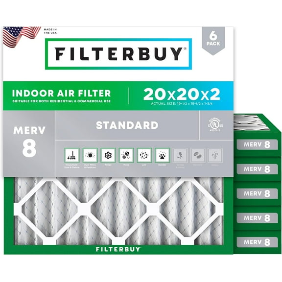 Filterbuy 20x20x2 Air Filter MERV 8 Dust Defense, Pleated HVAC AC Furnace Filter Replacement, 6-Pack