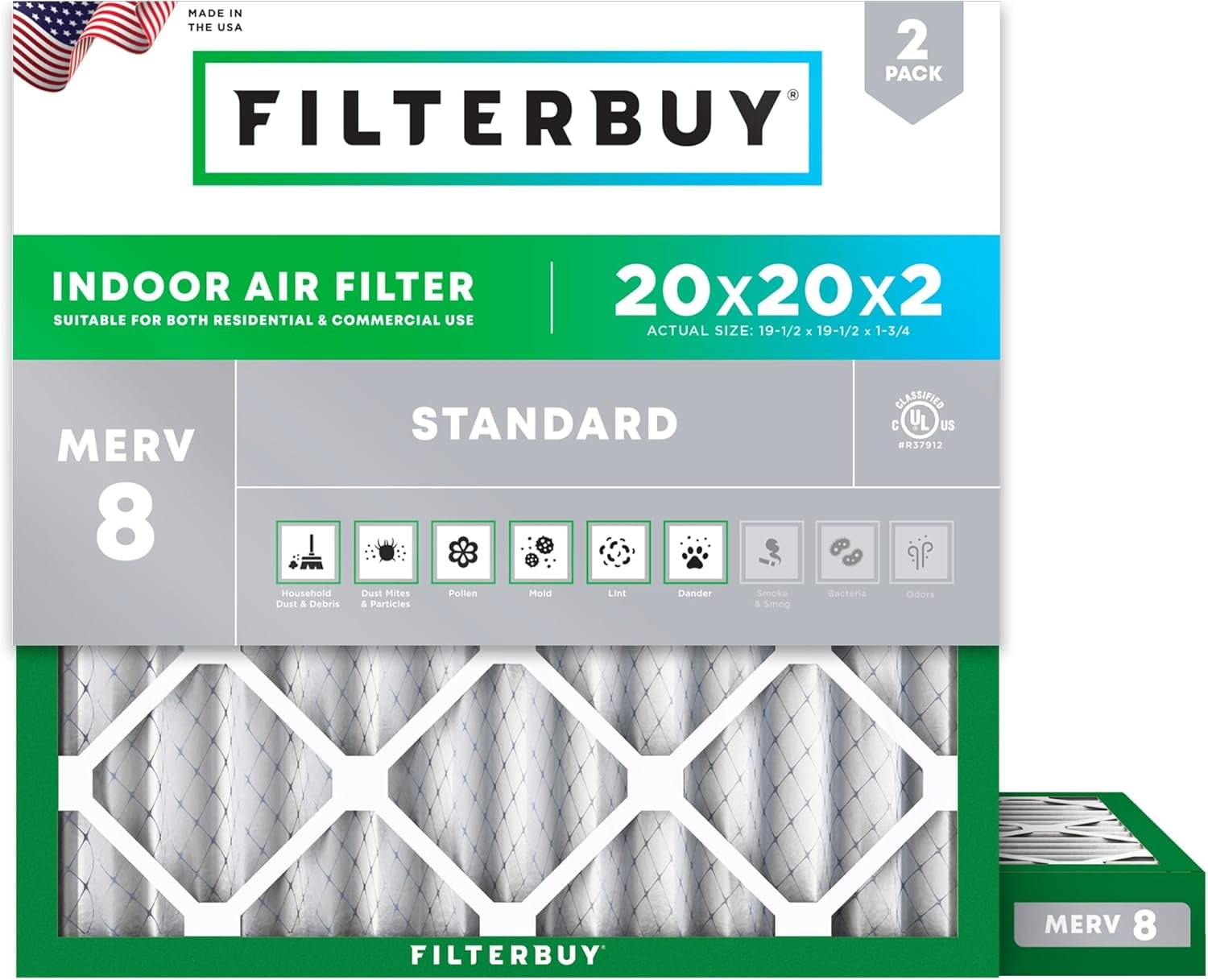 Filterbuy 20x20x2 Air Filter MERV 8 Dust Defense, Pleated HVAC AC Furnace Filter Replacement, 2-Pack