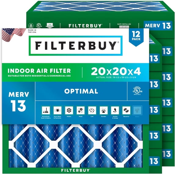 Filterbuy 20x20x4 in MERV 13 Smoke Defense pleated HVAC AC furnace filter replacement, 12-pack