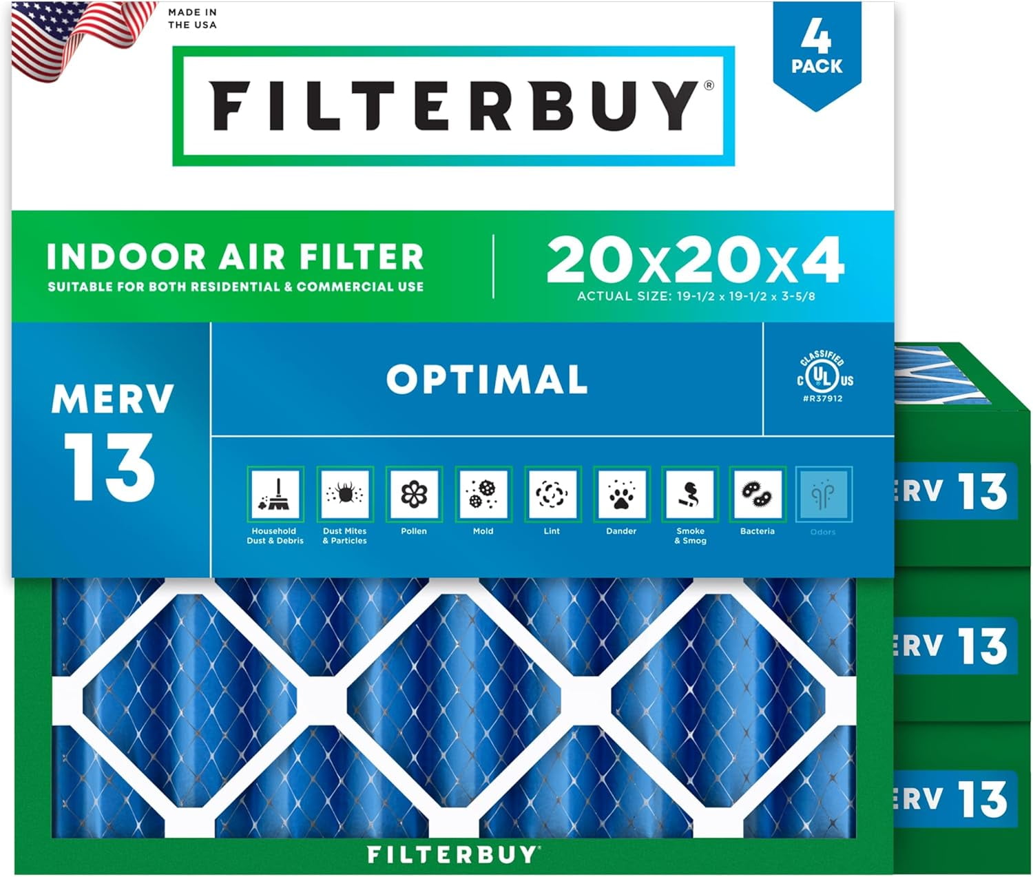 Filterbuy 20x20x4 MERV 13 Health Defense, Pleated HVAC AC Furnace Air Filters (4-Pack)