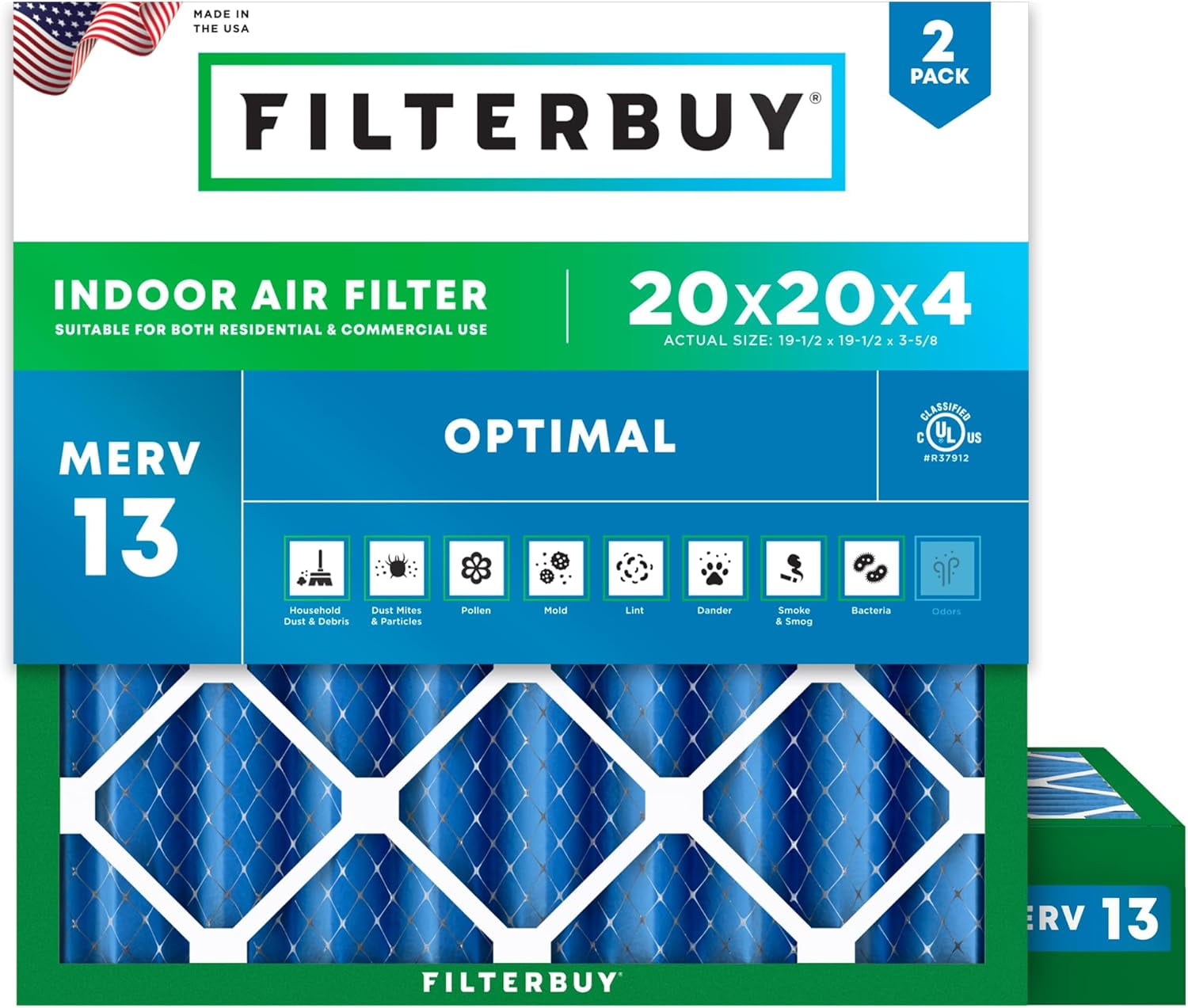 Filterbuy 20x20x4 Air Filter MERV 13 Smoke Defense, Pleated HVAC AC Furnace Filter Replacement, 2-Pack