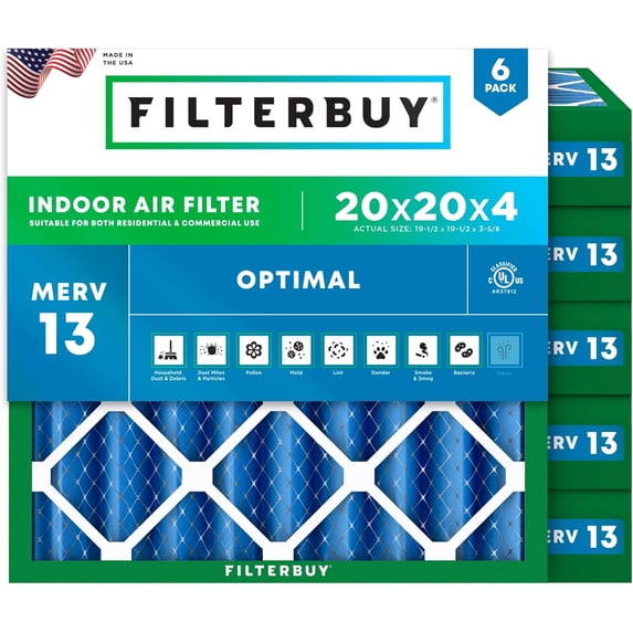 Filterbuy 20x20x4 Air Filter MERV 13 Smoke Defense, Pleated HVAC AC Furnace Filter Replacement, 6-Pack