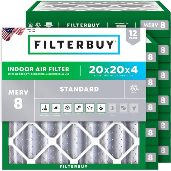Filterbuy 20x20x4 Air Filter MERV 8 Dust Defense, Pleated HVAC AC Furnace Filter Replacement, 12-Pack