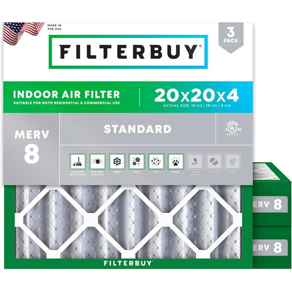 Filterbuy 20x20x4 MERV 8 Dust Defense, Pleated HVAC AC Furnace Air Filters (3-Pack)